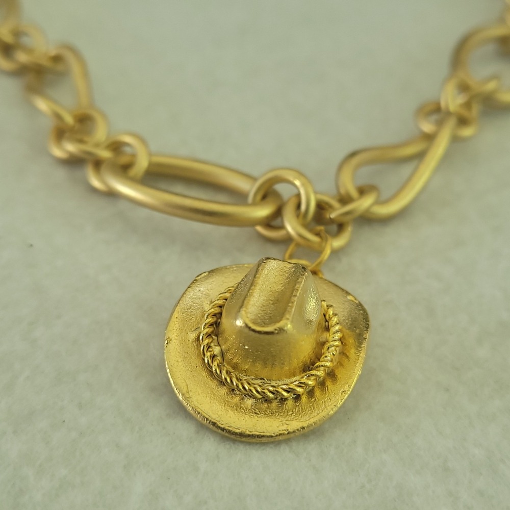 10K Gold Plated Cowboy Hat Pendant Chunky Gold Tone Link Necklace 18" 63g